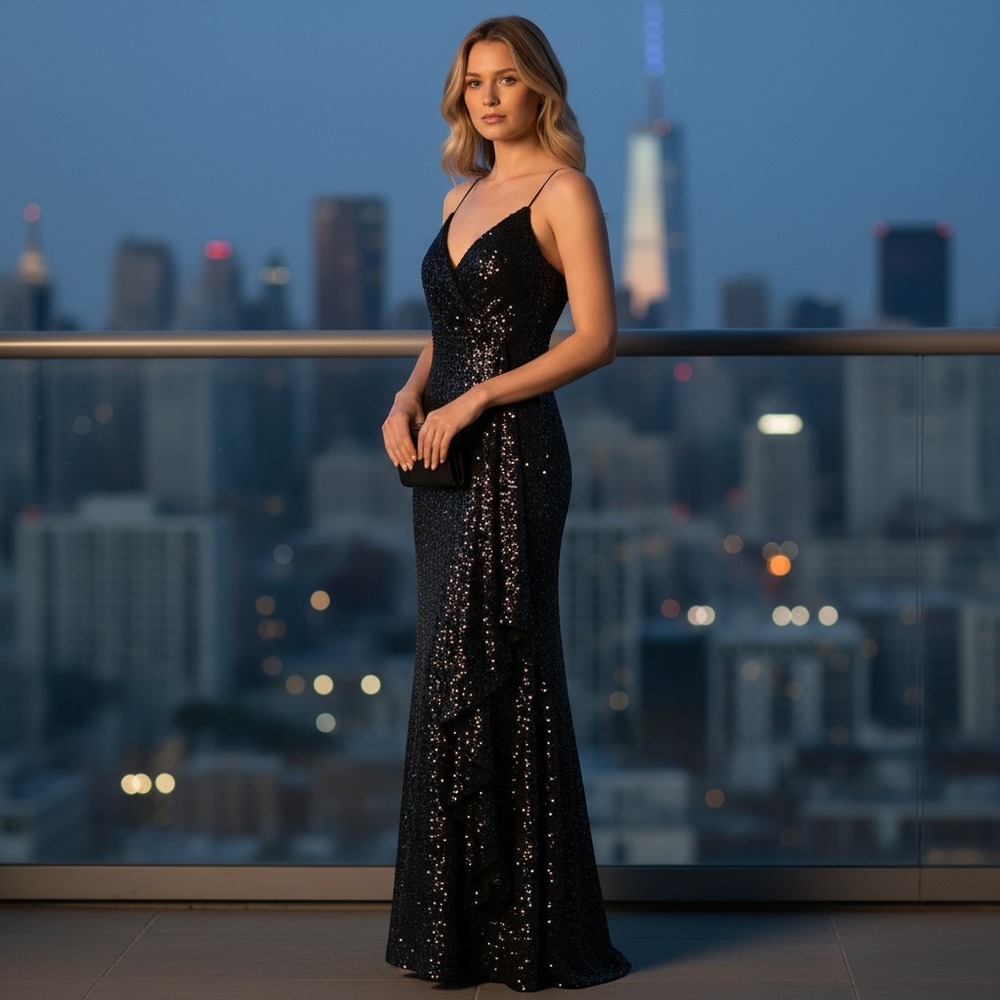 Delaru Gown Women 13/14 Black Silver Formal Metallic Ruffle Shimmer Evening Prom
